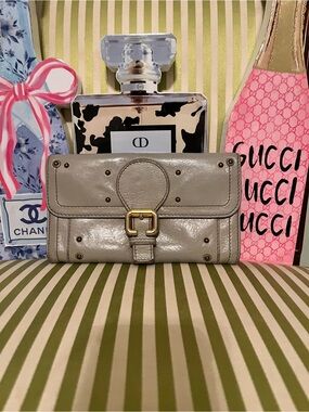 Chloe Taupe Leather Flap Wallet with Gold Buckle